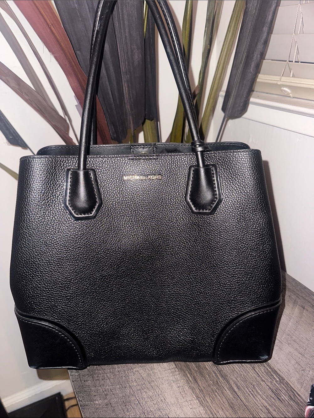 Michael Kors Black Pebbled Leather Tote with Gold Logo